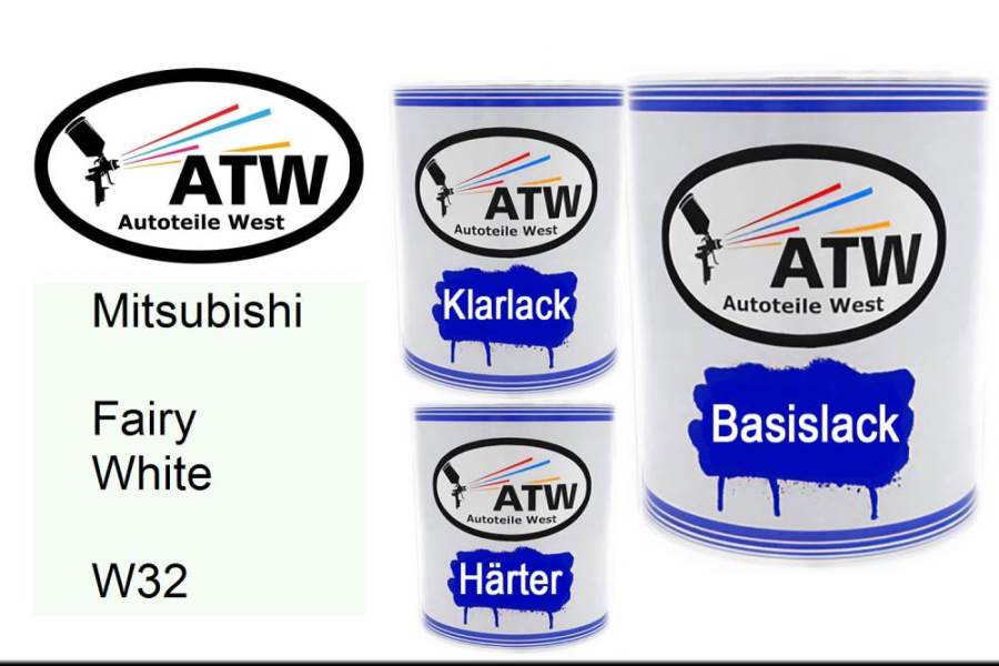 Mitsubishi, Fairy White, W32: 1L Lackdose + 1L Klarlack + 500ml Härter - Set, von ATW Autoteile West.